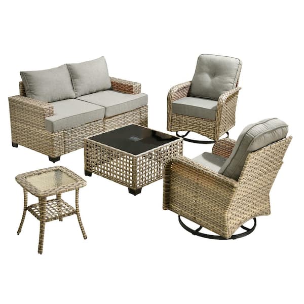 Kelleys 6-Piece Wicker Modern Outdoor Patio Conversation Seating Set with Swivel Chairs and Dark Grey Cushions