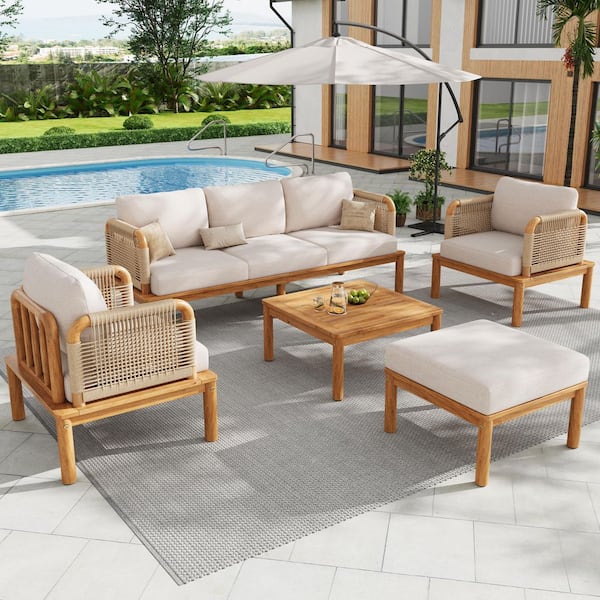 Axel Outdoor 5-Piece Solid Wood and Rope Woven Patio Conversation Set with Beige Cushions, Ottoman, Teak