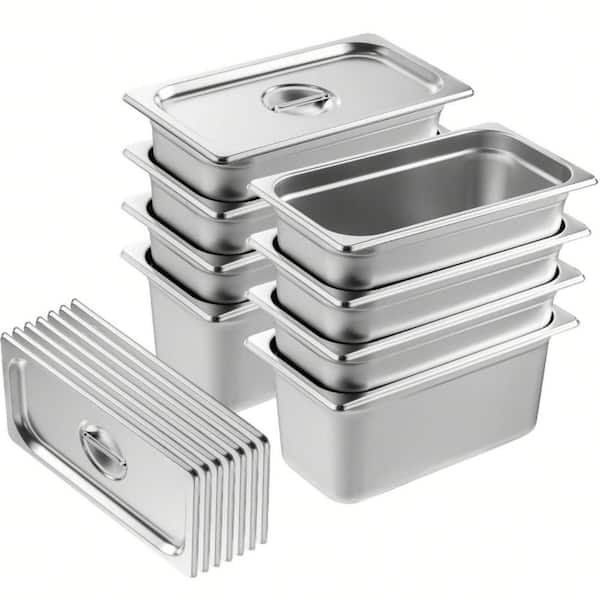 8-Pack 1/3 Size 6.3 qt. Stainless Steel Steam Table Roasting Pans with Lids, 0.8mm Thick 6 in. Deep Catering Pans