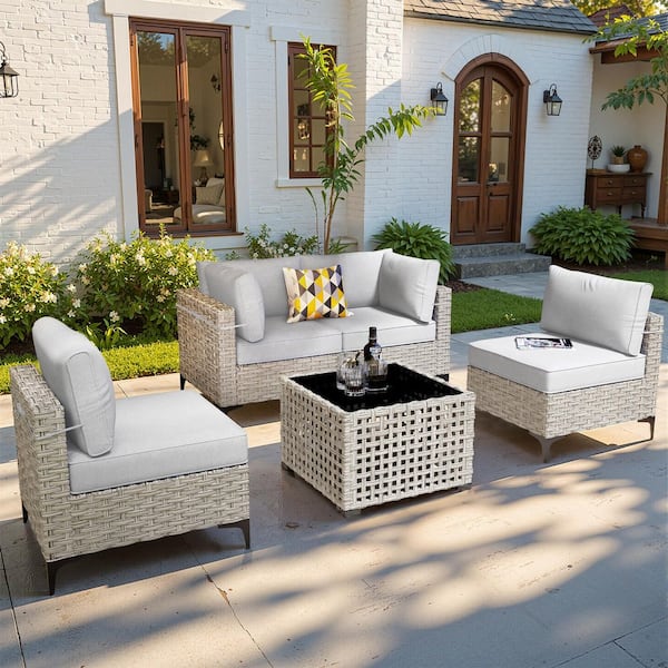 OVIOS Supery Gray 5-Piece Wicker Patio Conversation Seating Set with Gray Cushions and Coffee Table