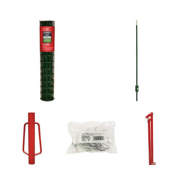 3 ft. x 50 ft. Green PVC Coated Welded Wire, 5 ft. Green Steel T-Post, Driver, Clips (25 per Bag) and Puller Combo