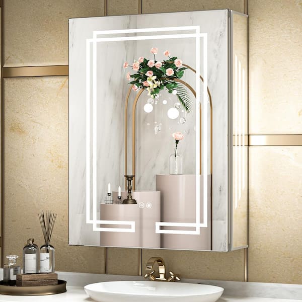 KeonJinn 24 in. W x 32 in. H Rectangular Aluminum Surface Mount Medicine Cabinet with Mirror and Lighted, Defogger