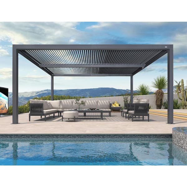 PURPLE LEAF 12 ft. x 16 ft. Gray Louvered Pergola Outdoor Aluminum Pergola with Adjustable Roof for Deck Backyard Hardtop Gazebo