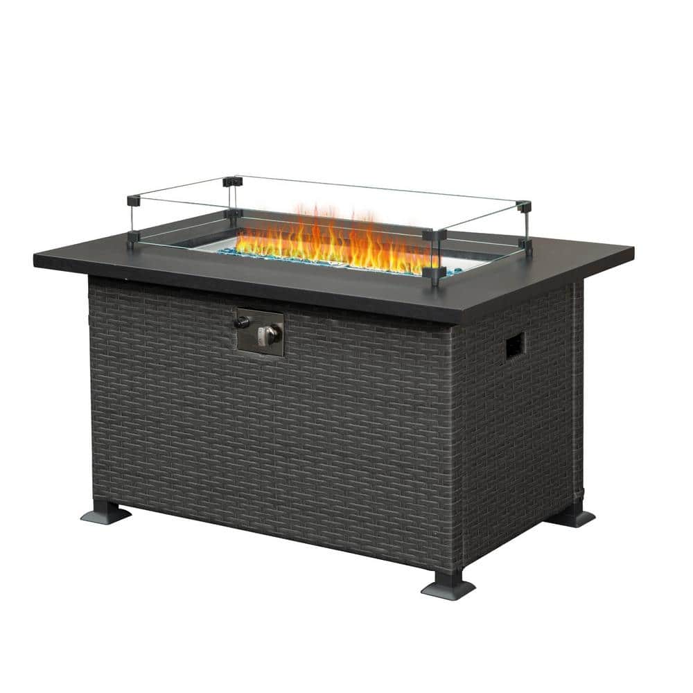 Dark Gray Wicker Fire Pit Table 43.3 in. with Glass Wind Guard, 50,000 BTU 