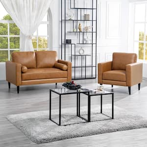55 in. W Square Arm Top Grain Mid-Century Loveseat/Chair, 2 Seat Leather Couch, Sectional Sleeper in Brown Tan