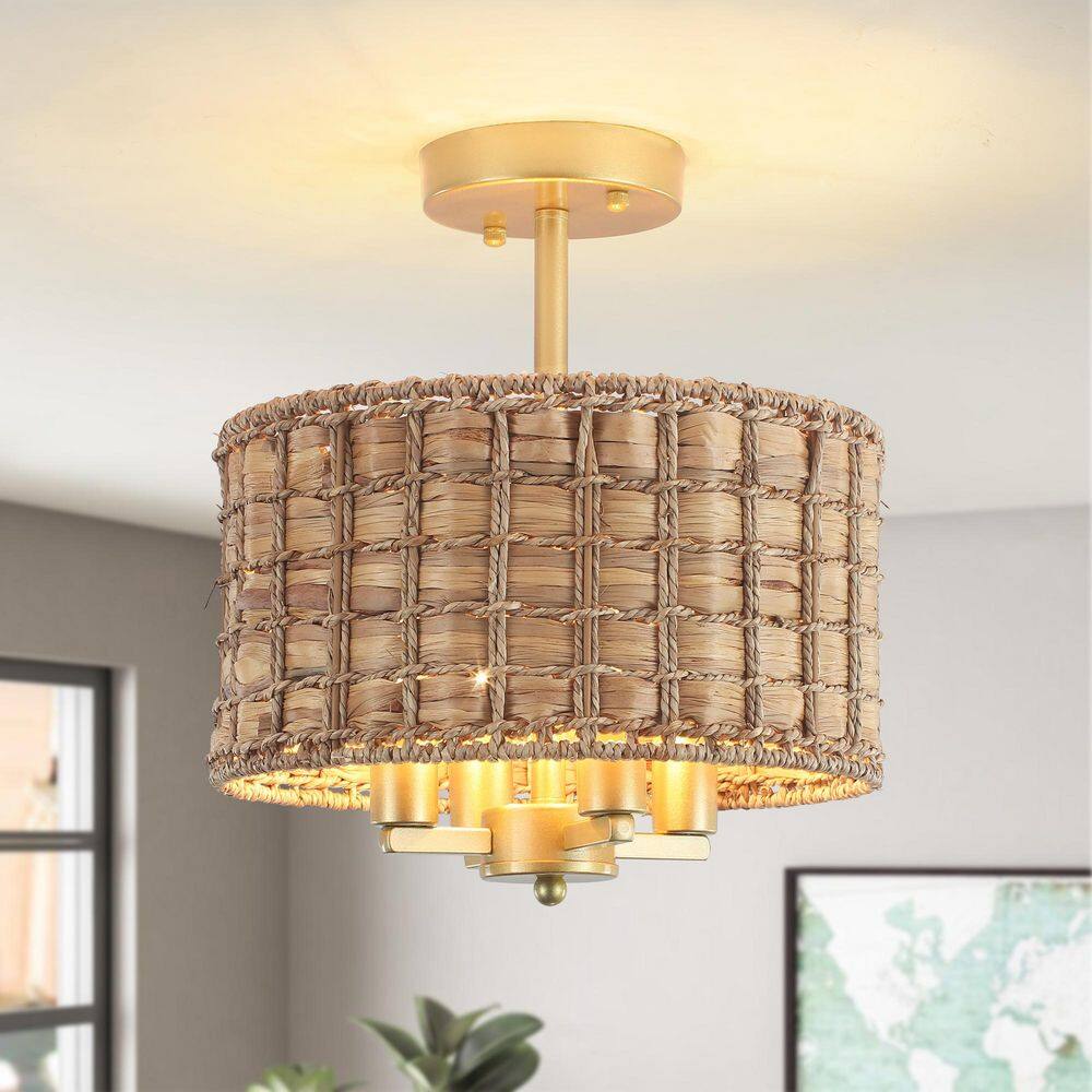 4-Light 11.81 in. Gold Bohemian Drum Semi-Flush Mount with Hand-Woven Shade-Ideal for Hallway or Entryway (No Bulbs) price history on PriceWatchPro