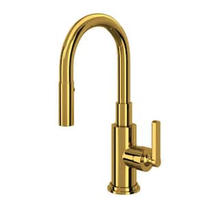 Lombardia Single Handle Pull Down Sprayer Kitchen Faucet with Secure Docking, Gooseneck in Unlacquered Brass