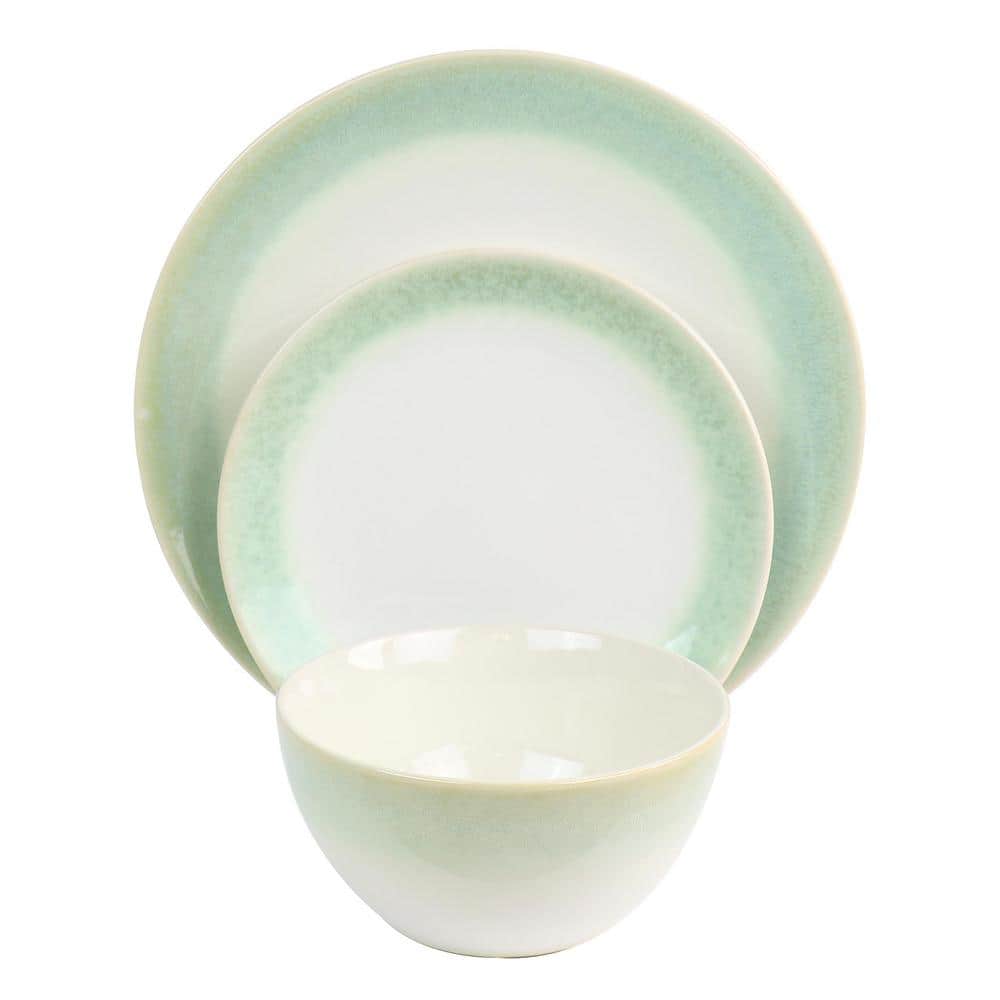 Green and White Ceramic 12-Piece Dinnerware Set, Service for 4