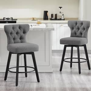 Peregrine 26 in. Dark Grey Swivel Counter Height Bar Stool with Fabric Seat Wood Frame and Button-Tufted Back (Set of 2)