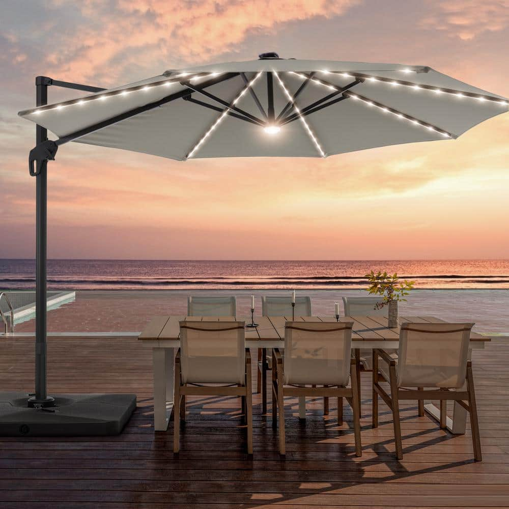 11FT Round Aluminum Frame Outdoor Cantilever LED Umbrella Patio Umbrella 360° Rotation System, Gray -  JOYESERY, J-LED140GY