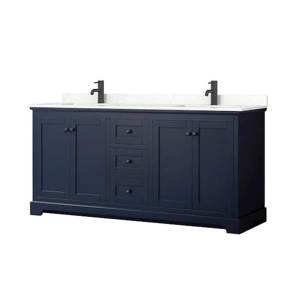 Wyndham Collection Avery 72 in. W x 22 in. D x 35 in. H Double Bath Vanity in Dark Blue with Giotto Quartz Top