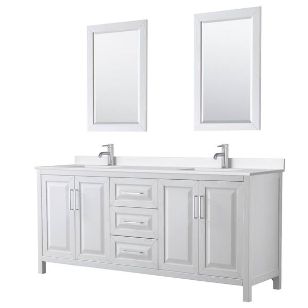 Wyndham Collection Daria 80 in. W x 22 in. D x 35.75 in. H Double Bath Vanity in White with White Quartz Top and 24 in. Mirrors