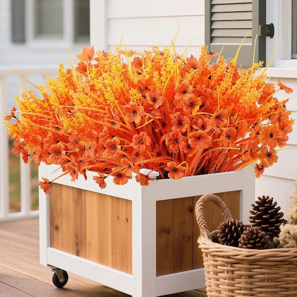 5 in. H Orange Artificial Mums Flowers for Outdoor Decor, Set of