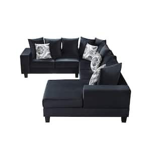 110 in. x 85 in. Square Arm 7-Piece Velvet U-Shaped Sectional Sofa in Black