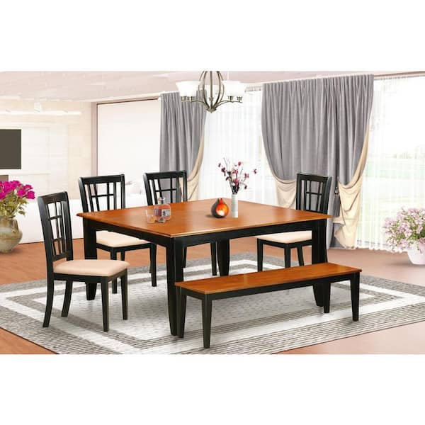 East West Furniture 6-Piece Square Black & Cherry Finish Solid Wood Top dining Table with 1-Bench and 4-Chairs with Lattice Back
