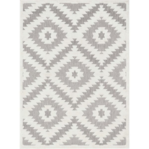 Well Woven Sila Keiko Moroccan Tribal Grey Ivory 5 ft. 3 in. x 7 ft. 3 in. Indoor/Outdoor Area Rug