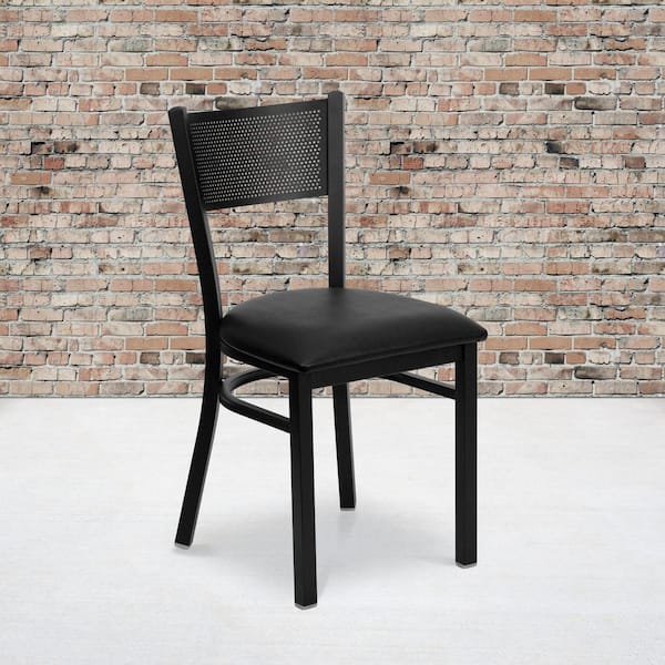 Hercules Series Black Grid Back Metal Restaurant Chair with Black Vinyl Seat