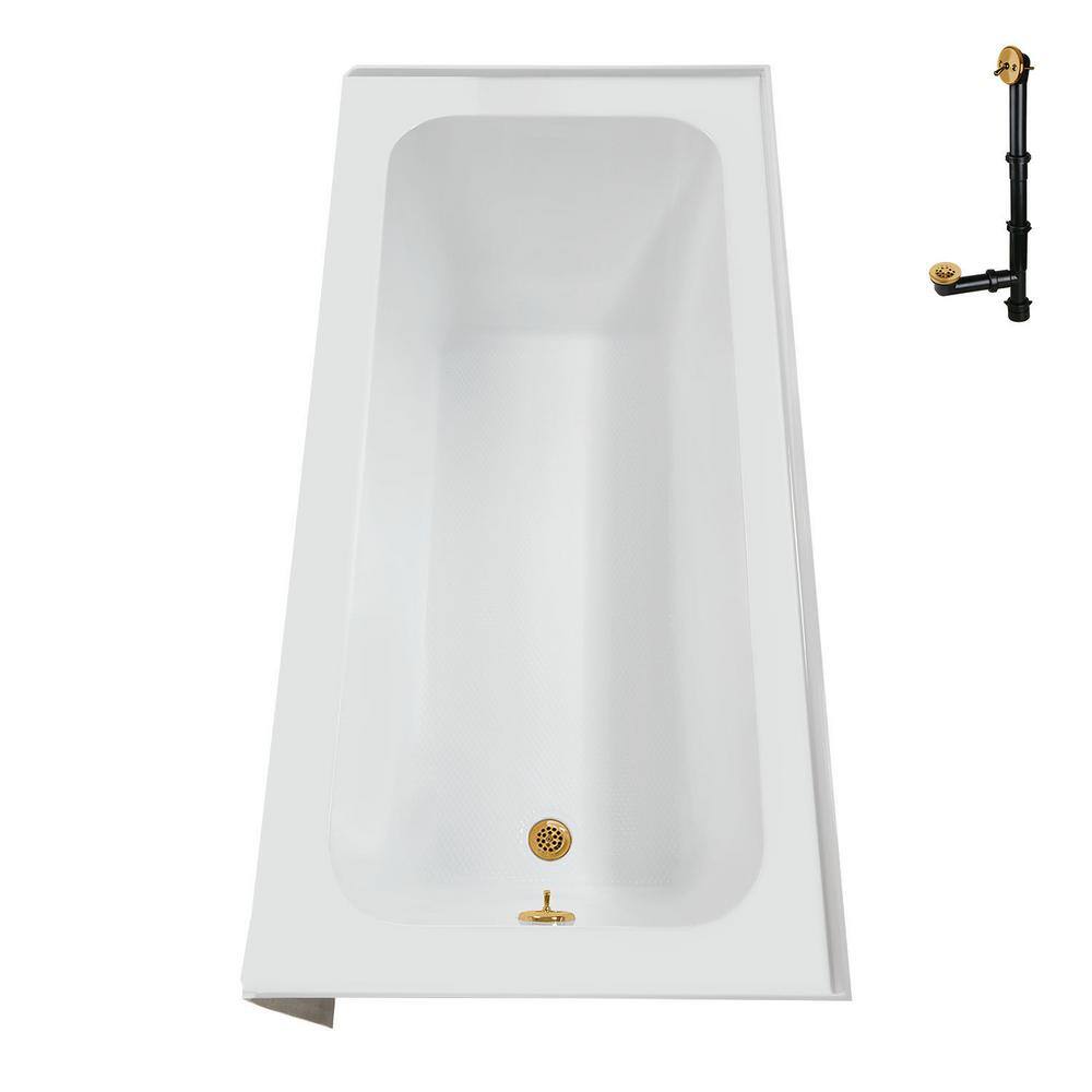 Glossy White Acrylic Alcove Bathtub with Brushed Gold Drain