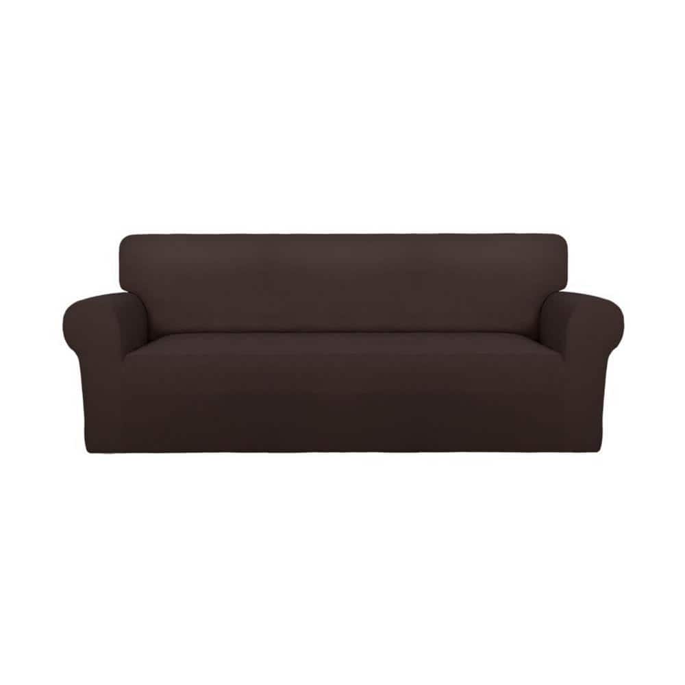 Chocolate Super Stretch Sofa Polyester Slipcover with Non-Skid Foam and Ela