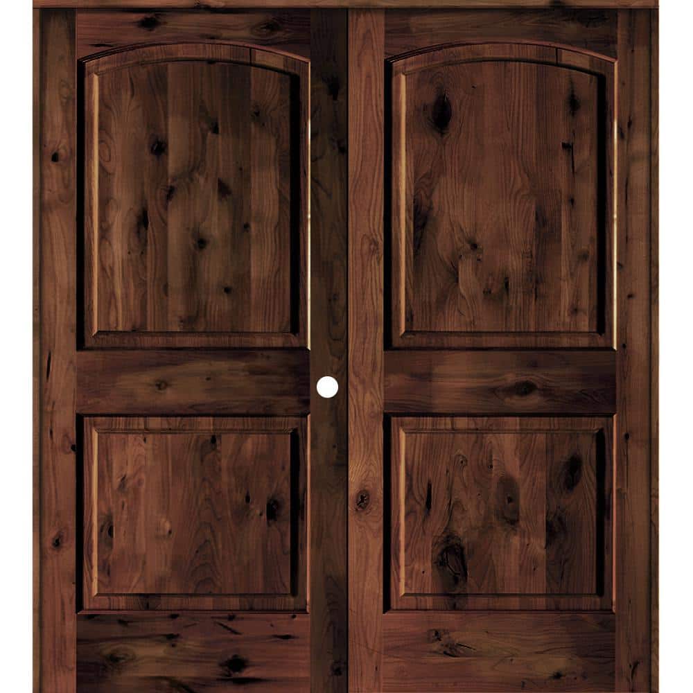 56 in. x 80 in. Rustic Knotty Alder 2-Panel Left Handed Red Mahogany Stain Wood Double Prehung Interior Door price history on PriceWatchPro