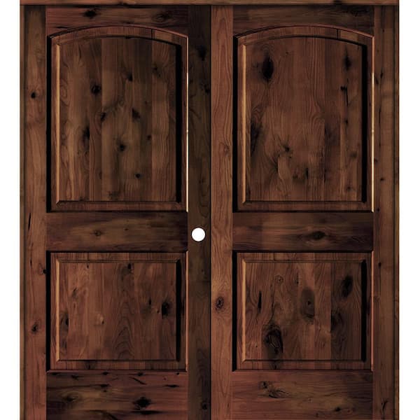 Krosswood Doors 72 in. x 80 in. Rustic Knotty Alder 2-Panel Left Handed Red Mahogany Stain Wood Double Prehung Interior Door w/Arch-Top