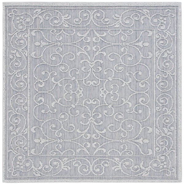 Global Blue/Gray 7 ft. x 7 ft. Ornate Border Solid Indoor/Outdoor Square Area Rug