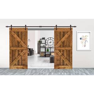 60 in. x 84 in. K Series Walnut Stained Solid Knotty Pine Wood Interior Double Sliding Barn Door with Hardware Kit