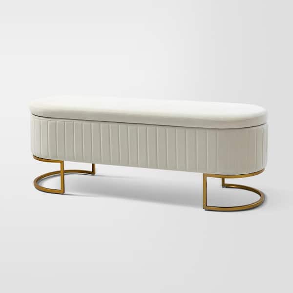 JAYDEN CREATION Olga Ivory 50 in. Wide Modern Upholstered Storage Bench with Golden Metal Sled Legs