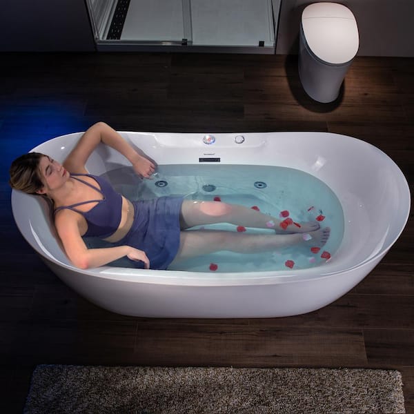 72 in. Acrylic Flatbottom Freestanding Whirlpool and Air with Inline Heater Bathtub,Drain and Overflow Included in White