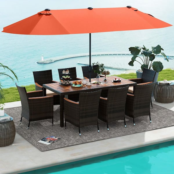 ANGELES HOME 11-Piece Wicker Outdoor Dining Set with Orange 15 ft. Double-Sided Patio Umbrella and Base, Beige Cushion