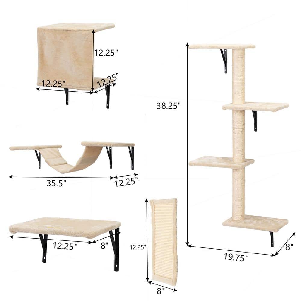 Beige Wall Mounted Cat Climber Set with Sisal Scratching Posts