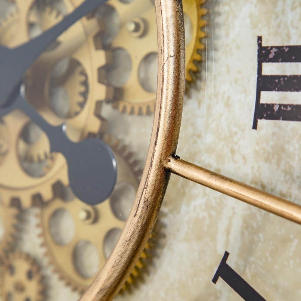 Gilded Gold Round Metal Gear Wall Clock with Roman Numerals