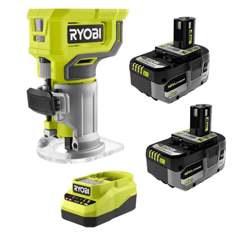 RYOBI ONE+ 18V Lithium Starter Kit w/ (2) 4.0 Ah Batteries & Charger w/ ONE+ 18V Cordless Compact Fixed Base Router (PSK1210PCL424)