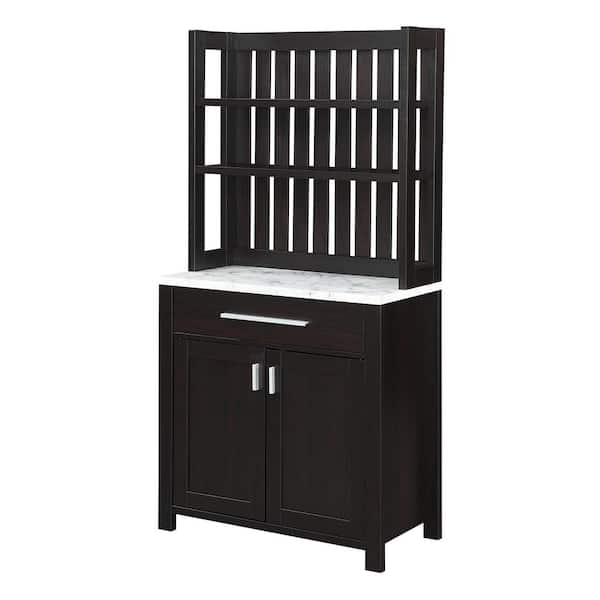 Convenience Concepts Sawyer White Faux Marble/Espresso 1-Drawer Wine Bar Storage Cabinet and Shelves