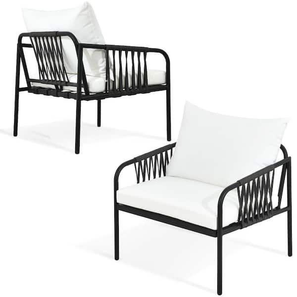 DEXTRUS Deep Grey Wicker Outdoor Patio Lounge Chair with White Cushions (2-Pack)