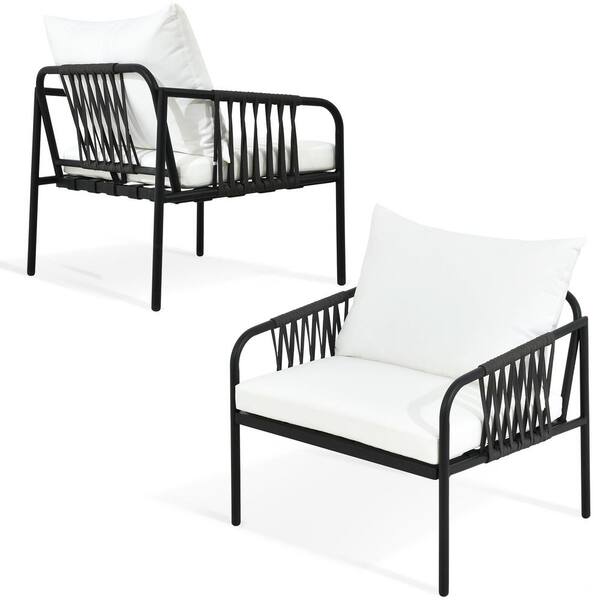 DEXTRUS Black Wicker Outdoor Patio Lounge Chair with White Cushions (2Pack) HDPB0006675AV The