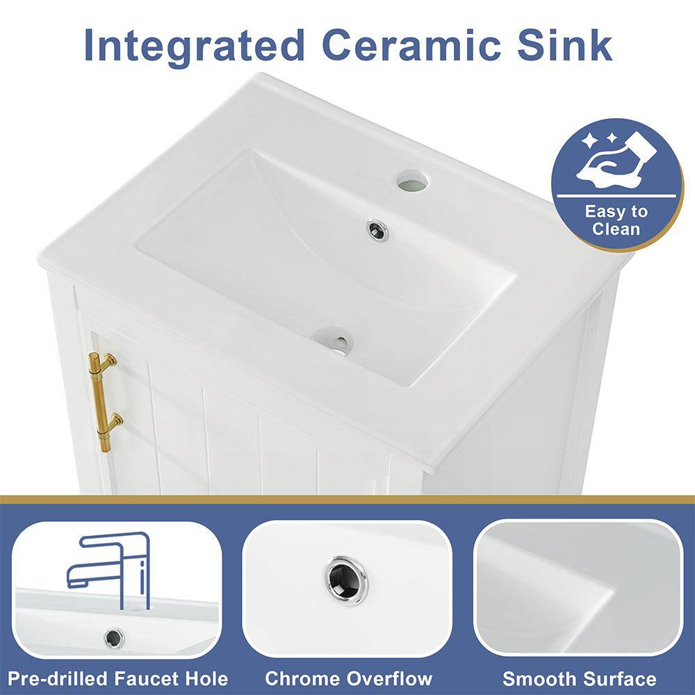 20 in. White Solid Wood Freestanding Bath Vanity with Ceramic Sink