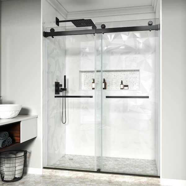 56-61 in. W x 72 in. H Double Sliding Frameless Shower Door in Matte Black with 3/8 in. Clear Tempered Glass