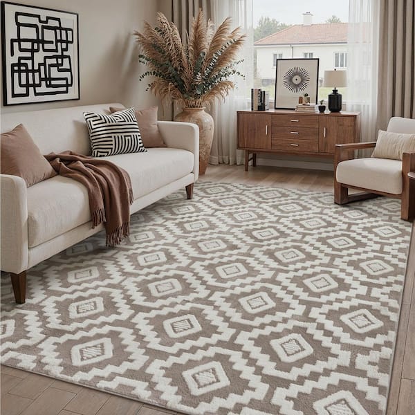 6 ft. x 9 ft. Brown/White Modern Diamond Geometric Washable Microfleece Area Rug