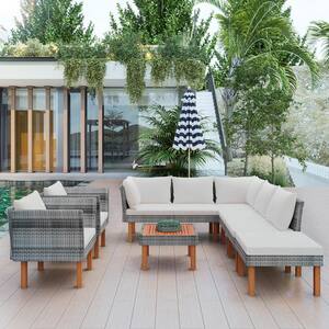 Gray 9-Piece Wicker Outdoor Patio Sectional Set Sofa Set with Beige Cushions and Wood Legs and Acacia Wood Tabletop