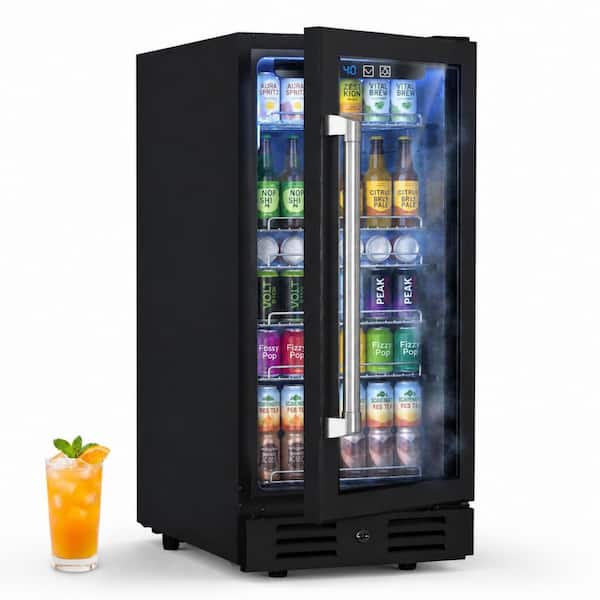 14.8 in. Single Zone 100-Cans Beverage Beverage Cooler in Black Stainless Steel with Security Lock, UV Protection