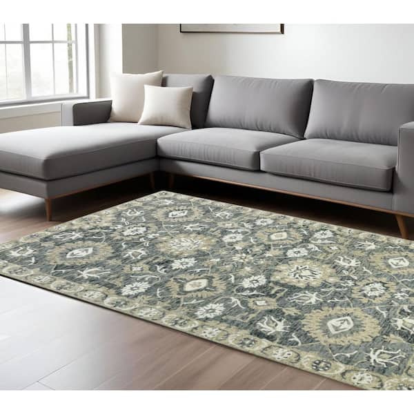 8 ft. x 10 ft. Gray Ivory and Beige Wool Floral Medallion Hand Hooked Area Rug
