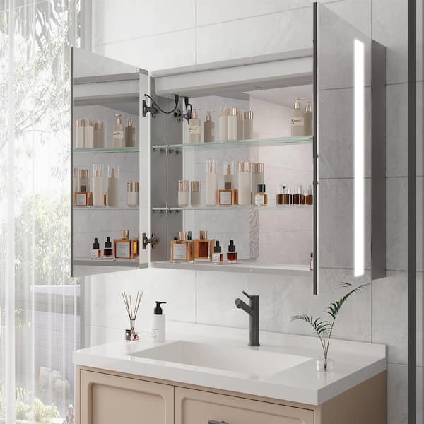 FUNKOL 36 in. W x 30 in. H Rectangular Silver Aluminum Recessed/Surface Mount Medicine Cabinet with Mirror LED, Frameless