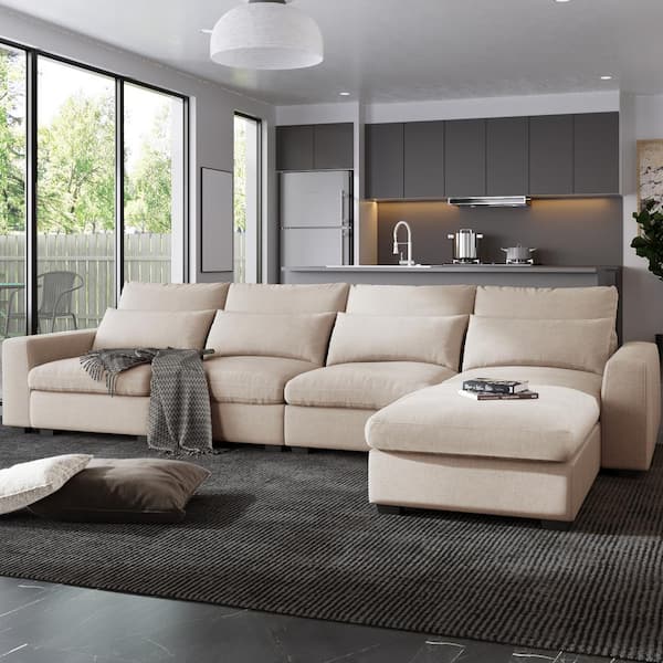 J&E Home 130 in. Square Arm Linen 5-Piece L-Shaped Feather Filled Sectional Sofa with Ottoman in Beige