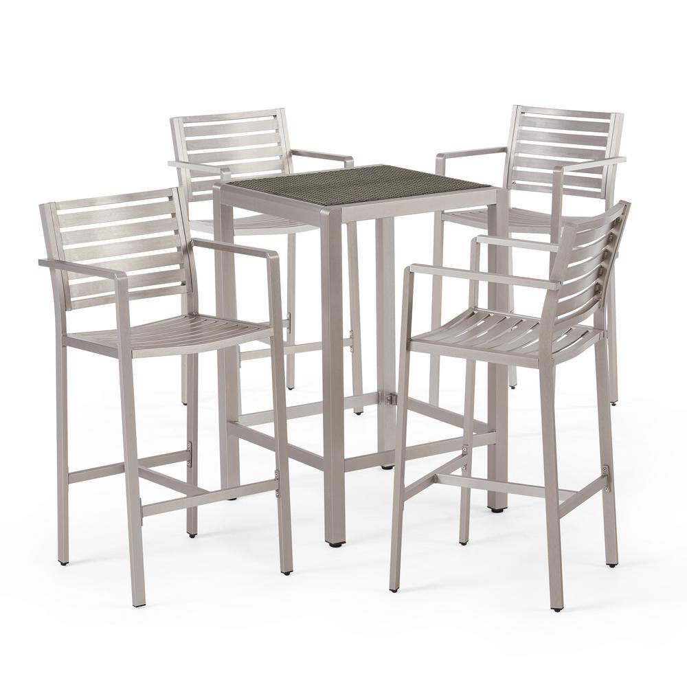 Cape Coral Silver 5-Piece Aluminum Outdoor Bar Height Bistro Set with Gray Faux Rattan Top Table price history on PriceWatchPro