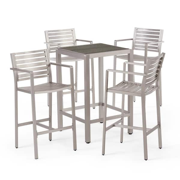 Noble House Cape Coral Silver 5-Piece Aluminum Outdoor Bar Height Bistro Set with Gray Faux Rattan Top Table