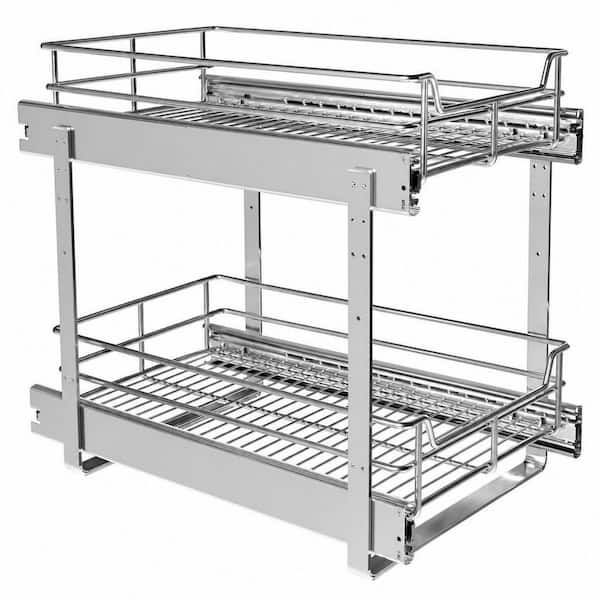 2-Tier Silver Standing Cabinet Pull Out Shelves, Slide Out Kitchen Shelves, Metal Under Cabinet Roll Out Storage Shelf