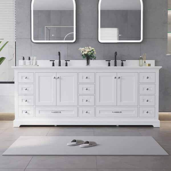 84 in. Solid Wood Freestanding White Bath Vanity with Pure White Cultured Marble Countertop Top Assembled