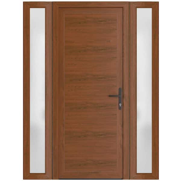 VDOMDOORS 64 in. x 80 in. Left-hand/Inswing Frosted Glass Walnut Steel Prehung Front Door with Hardware