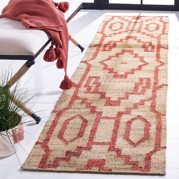 Natural Fiber Beige/Red 2 ft. x 9 ft. Modern Geometric Runner Rug